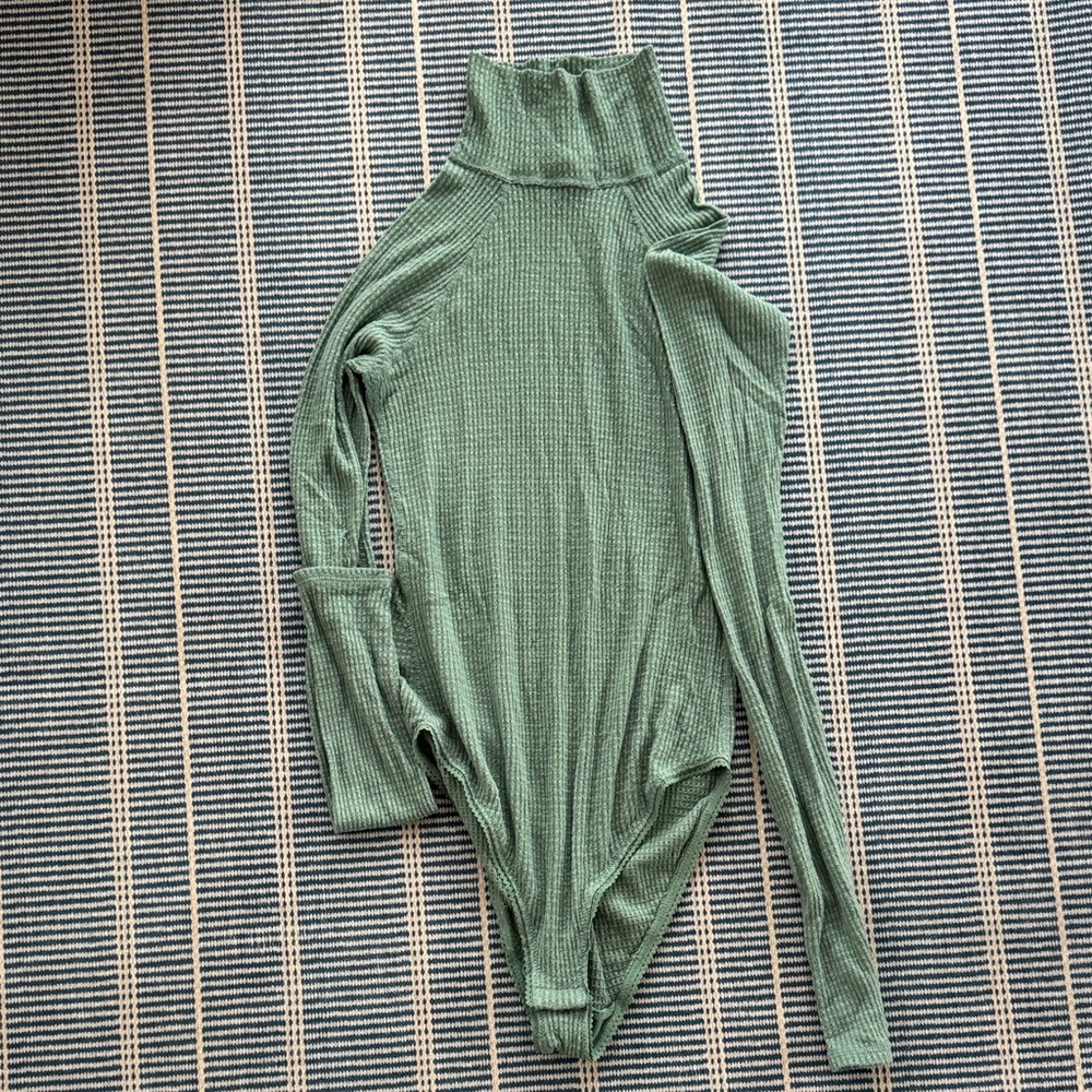 Free People Green Ribbed Turtleneck Bodysuit